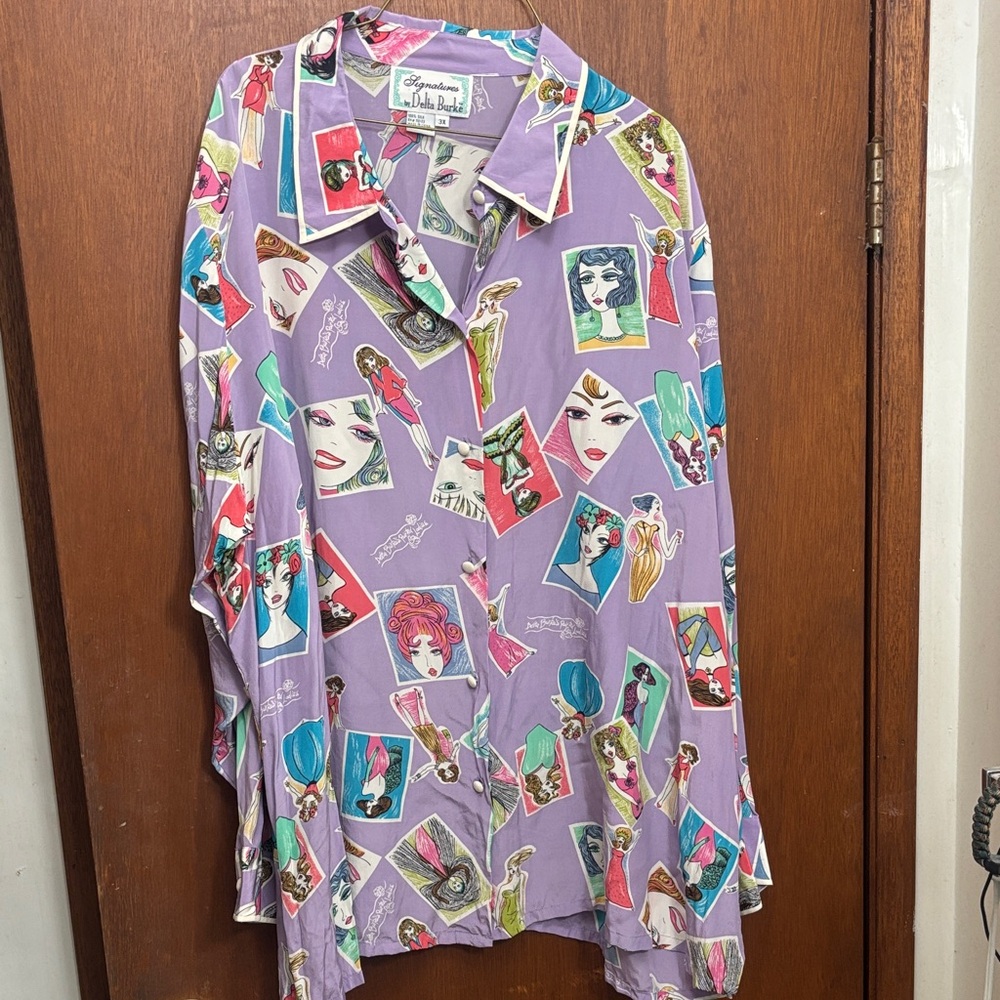 Delta Burke Silk Shirt with Pink and Purple Print